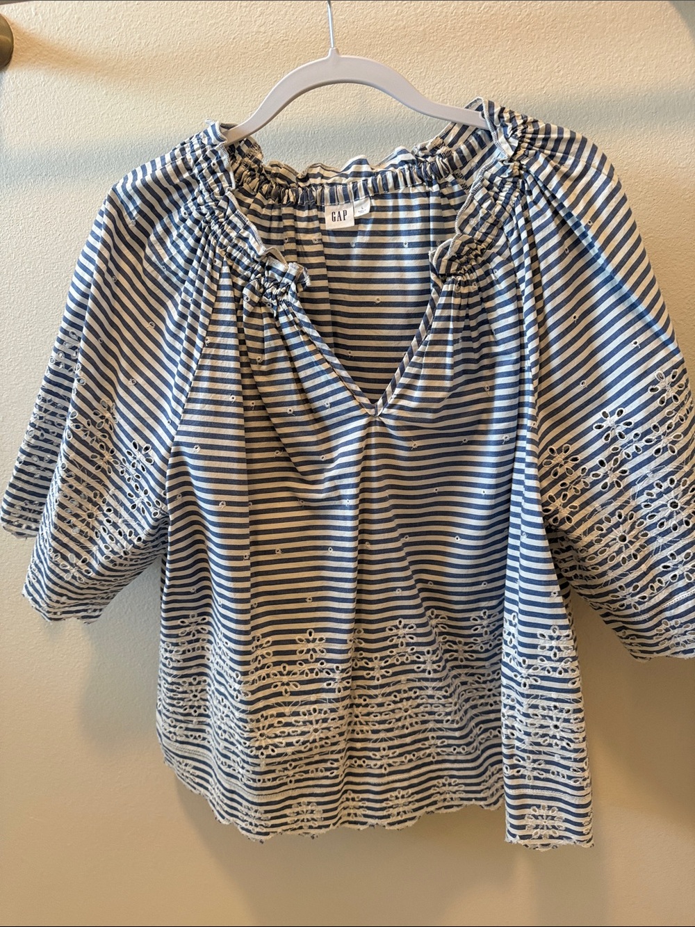 GAP Blue and White Striped Eyelet Peasant Blouse